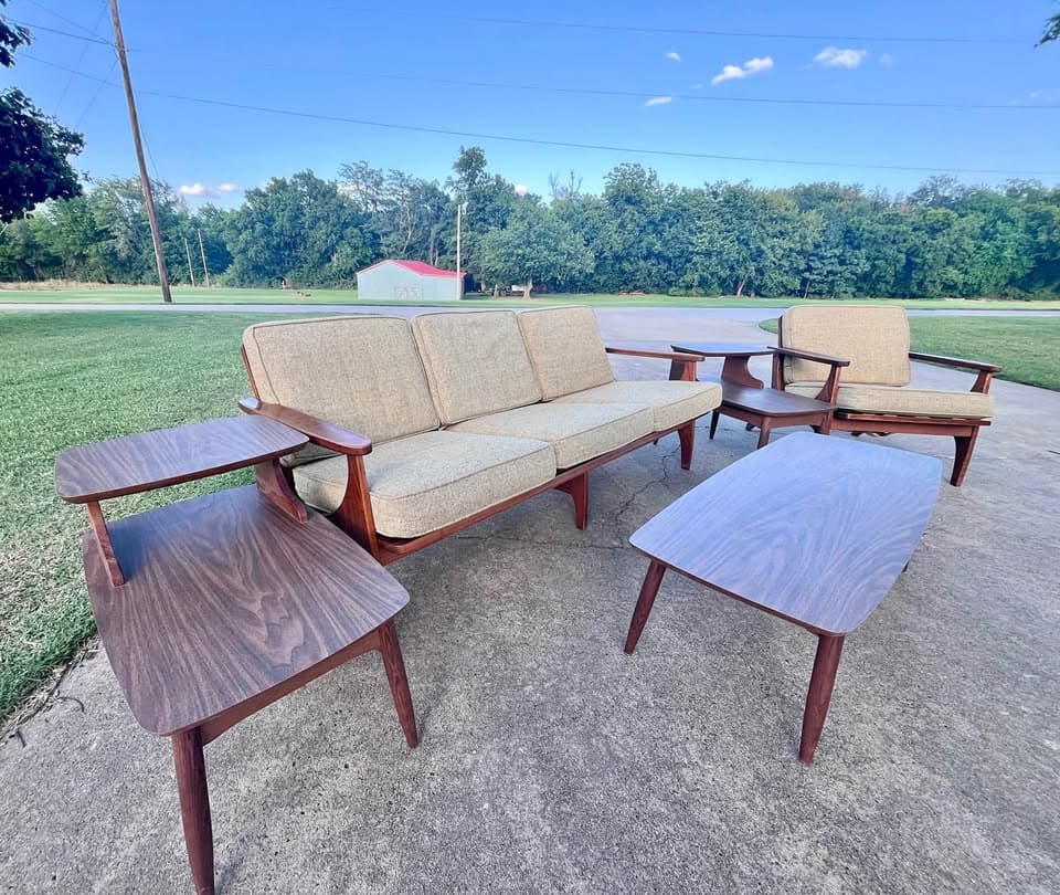 TEST - 1960s Mid Century Modern Walnut Sofa Chair Coffee Table & End Table Set
